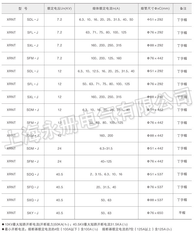 XRNT系列高压限流熔断器的技术参数