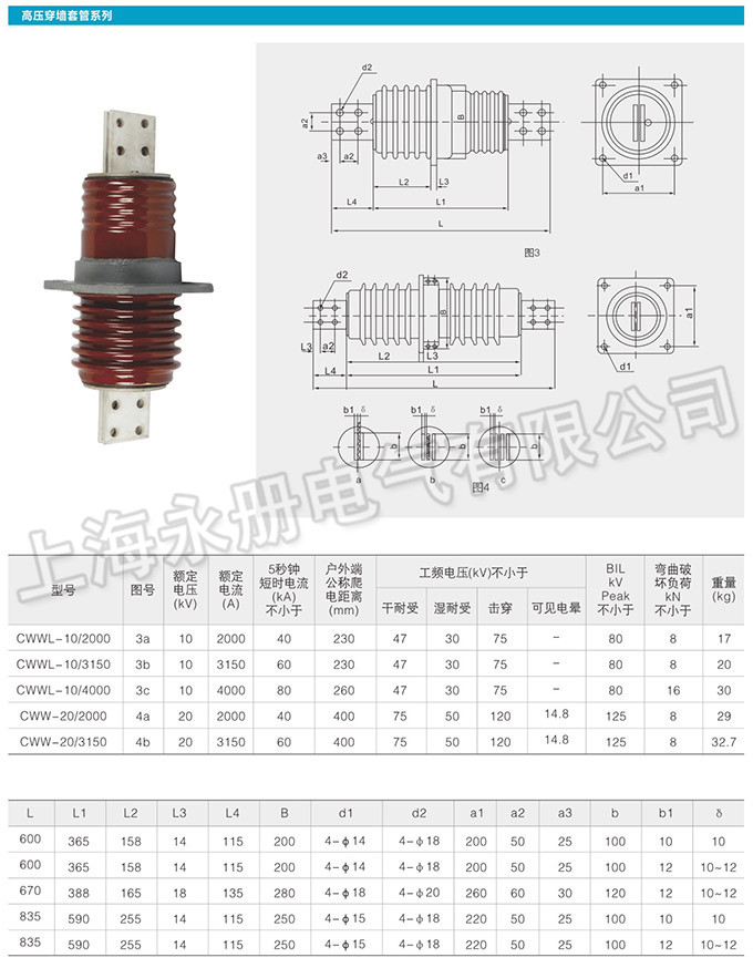 陶瓷高压穿墙套管系列的外形及参数