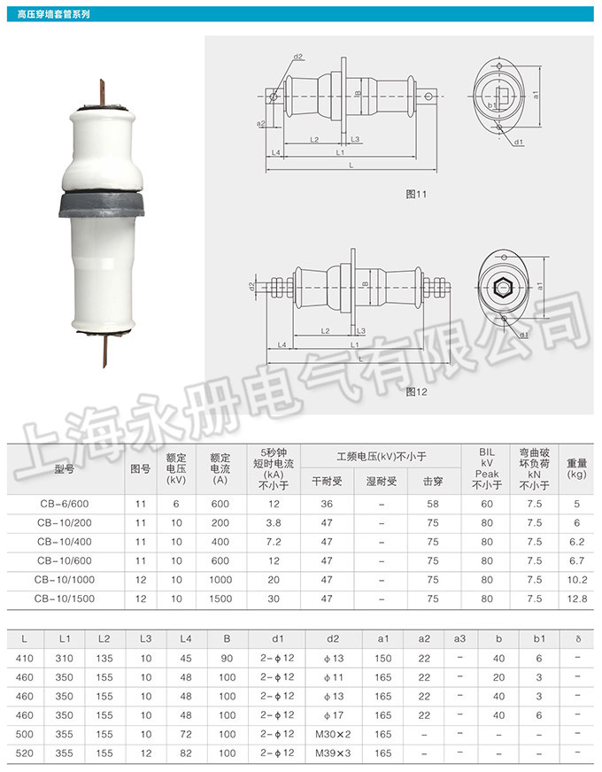 陶瓷高压穿墙套管系列的外形及参数